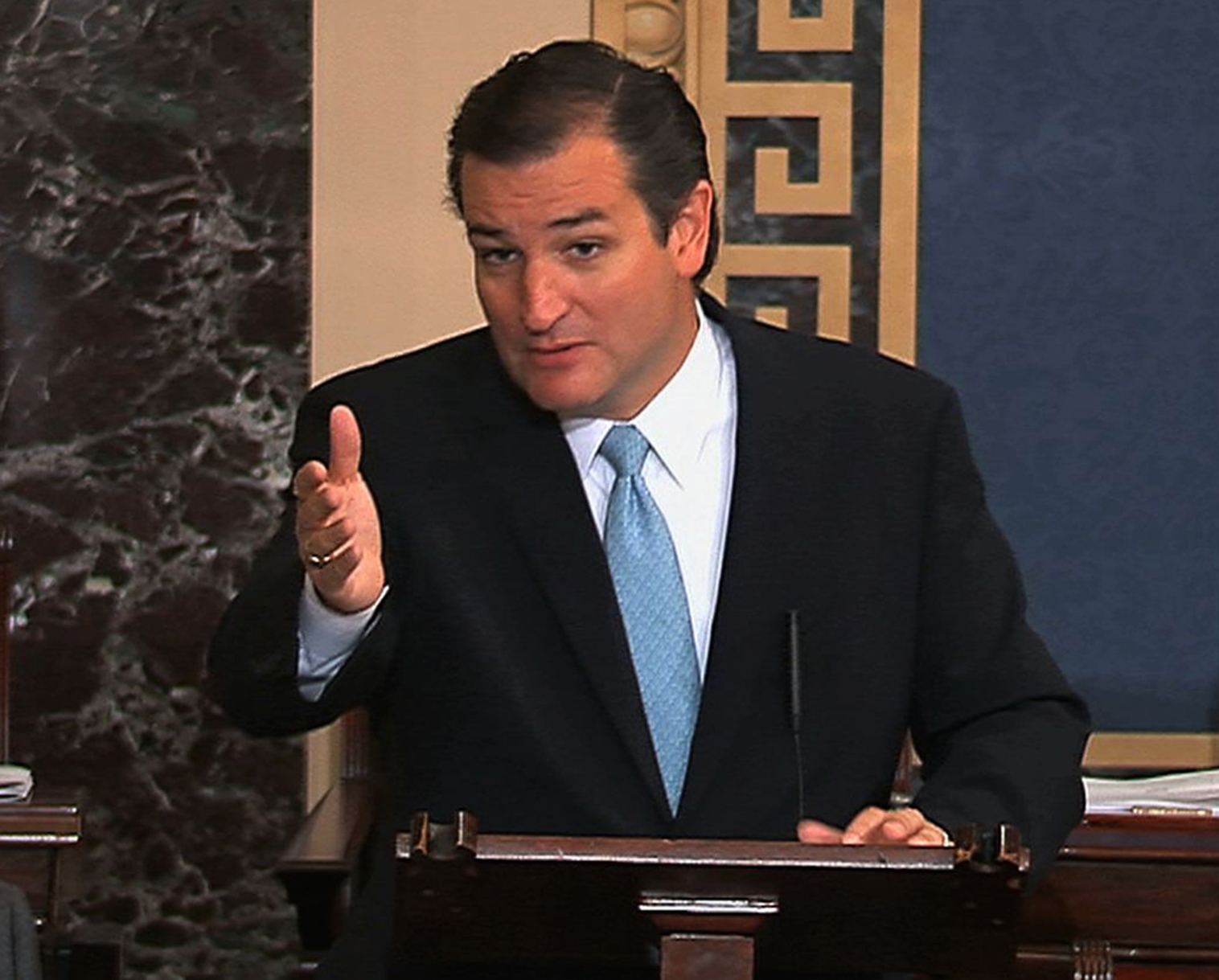 This image from Senate video show Sen. Ted Cruz, R-Texas, speaking on the Senate floor at the U.S. Capitol in Washington, Tuesday, Sept. 24, 2013. Cruz says he will speak until he's no longer able to stand in opposition to President Barack Obama's health care law. Cruz began a lengthy speech urging his colleagues to oppose moving ahead on a bill he supports. The measure would prevent a government shutdown and defund Obamacare. (AP Photo/Senate TV)